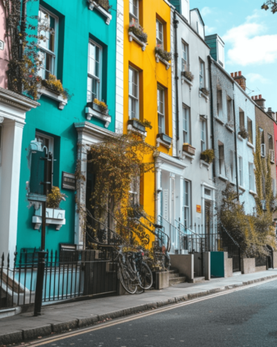 Colorful houses lined up in a quiet neighborhood where few people can be seen walking in Dublin, Ireland