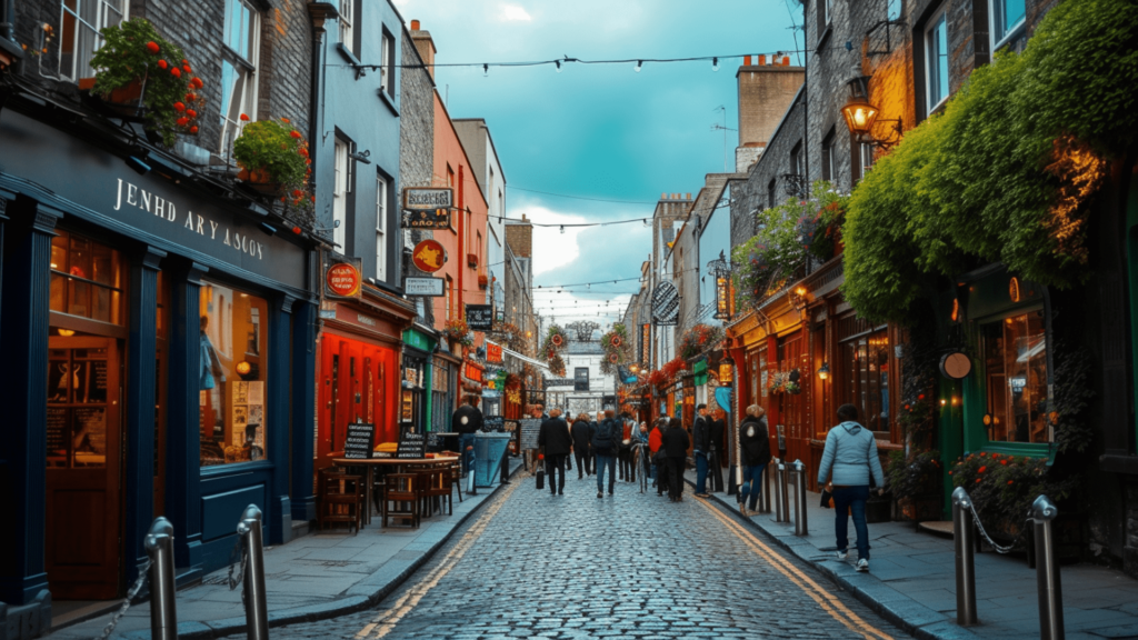 People walking along a cobblestone street with restaurants and shops on the side in Dublin, Ireland