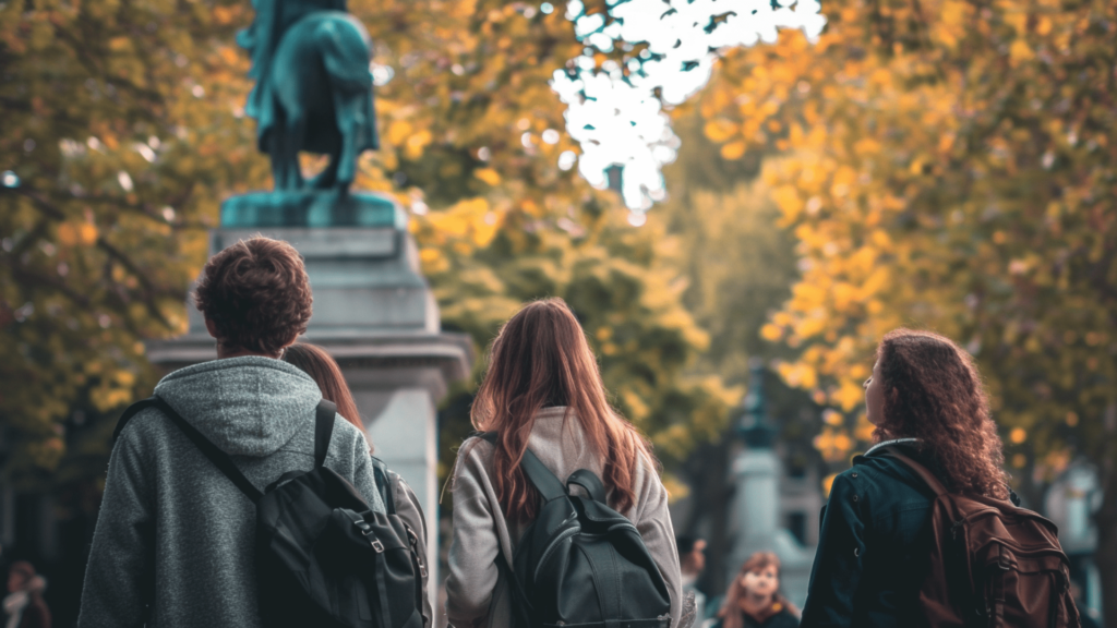 Three people looking at a sculpture inside St. Stephen’s Greens in Dublin, Ireland