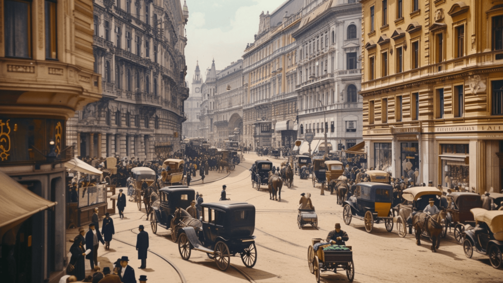 Horse-drawn carriages and people walking along a busy street in Vienna, Austria in 1913
