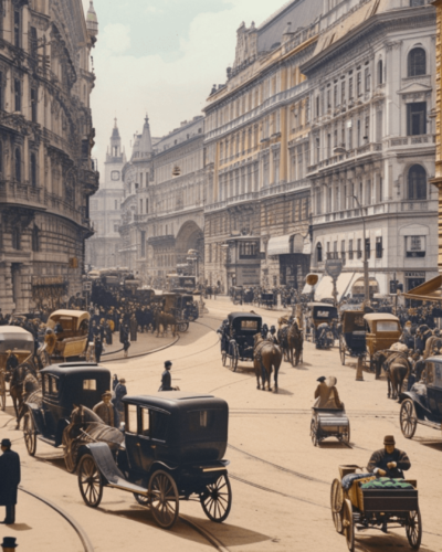 Horse-drawn carriages and people walking along a busy street in Vienna, Austria in 1913