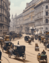 Horse-drawn carriages and people walking along a busy street in Vienna, Austria in 1913