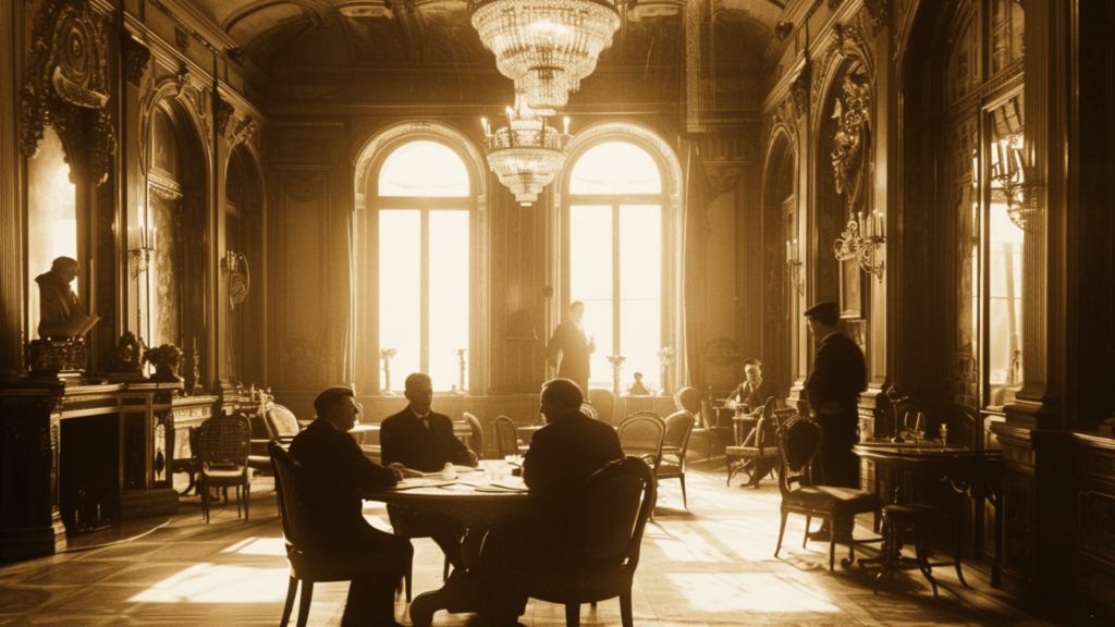 Three people sitting on a chair with a table in the middle inside a Viennese room in Vienna, Austria in 1913
