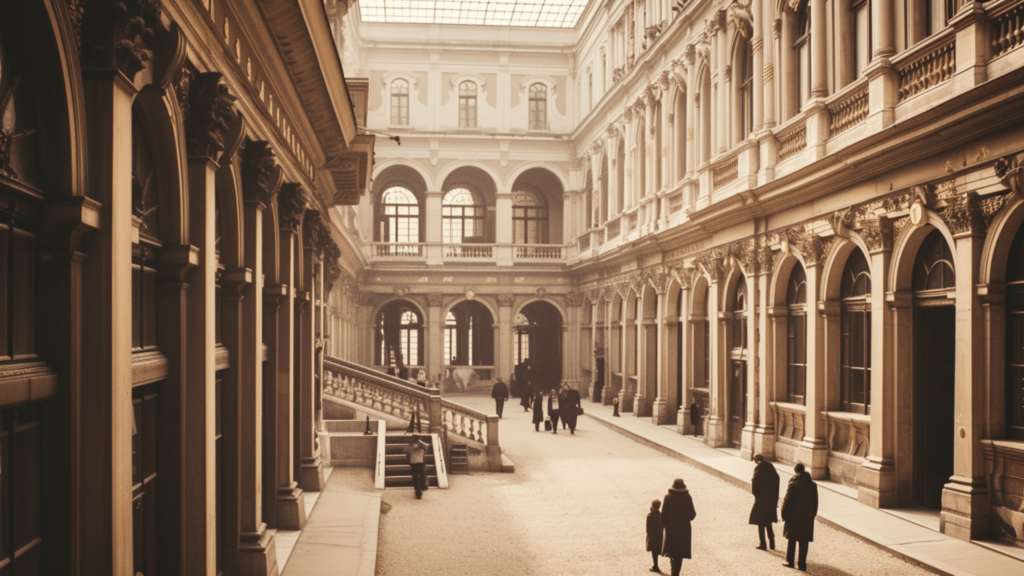 People walking along a grand hall of a university in Vienna, Austria during the 1900s