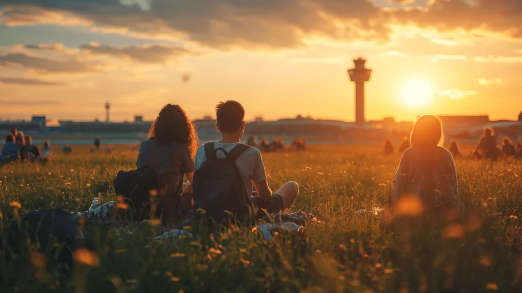 A group of people by the grass fields of Tempelhof Airport