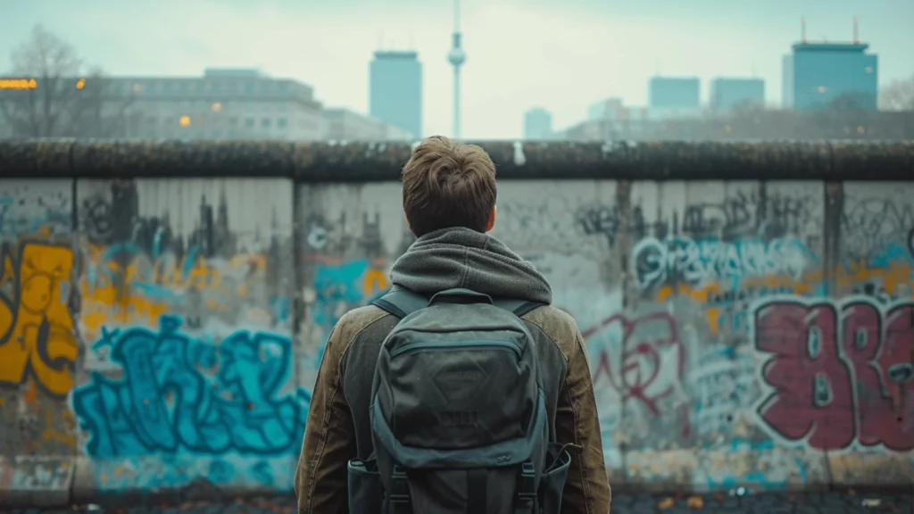 A male tourist by the Berlin Wall