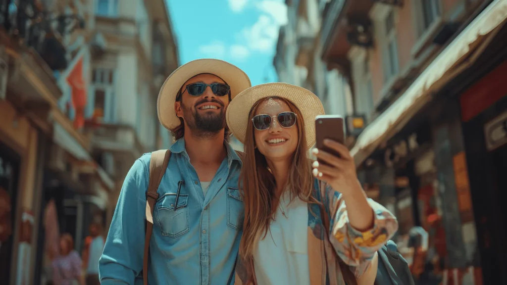 A man and a woman taking photos in the city of Saravejo