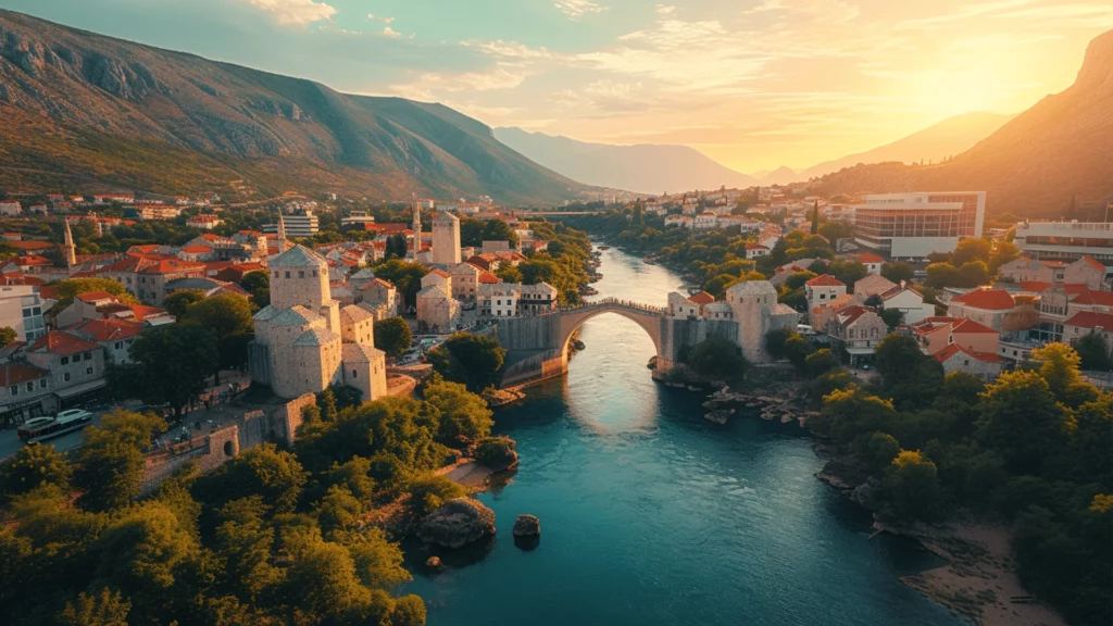 A bird’s eye view of Mostar during sunrise