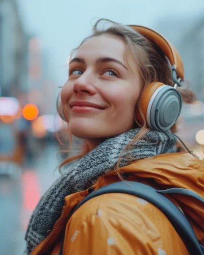 A woman walking the streets wearing headphones