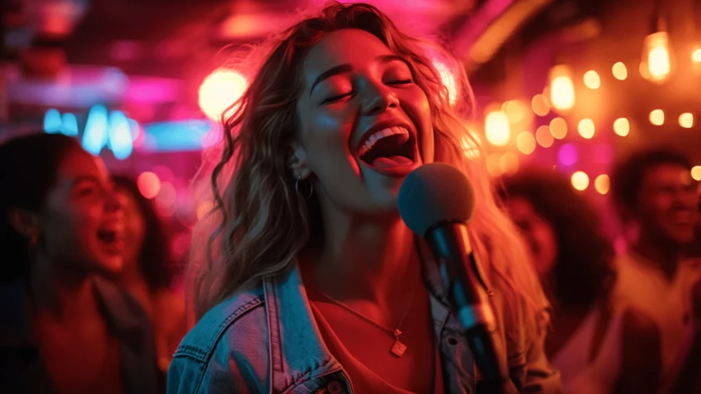 A woman singing at an ABBA-themed bar