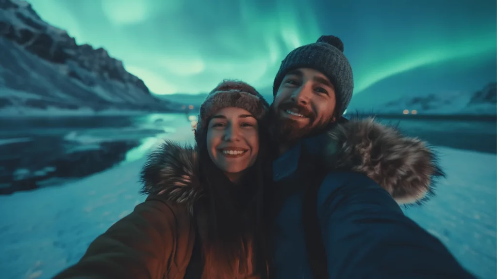 A couple taking a selfie with the Northern Lights as their background