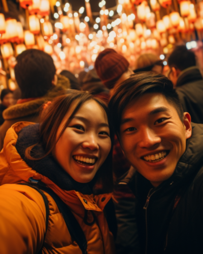 A cheerful couple takes a selfie, basking in the warm glow of the lantern-lit night during the Seoul Lantern Festival.