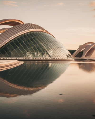 Sunset view of the futuristic architecture at the City of Arts and Sciences in Valencia, Spain, reflecting in still waters.