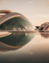 Sunset view of the futuristic architecture at the City of Arts and Sciences in Valencia, Spain, reflecting in still waters.
