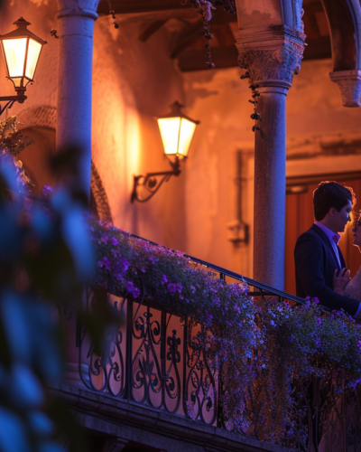 A couple shares a tender moment on Juliet's balcony under the twilight sky, embodying the timeless romance of Verona.