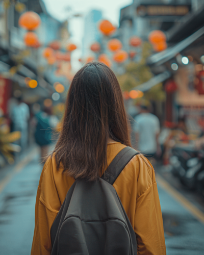 A female tourist in a small town