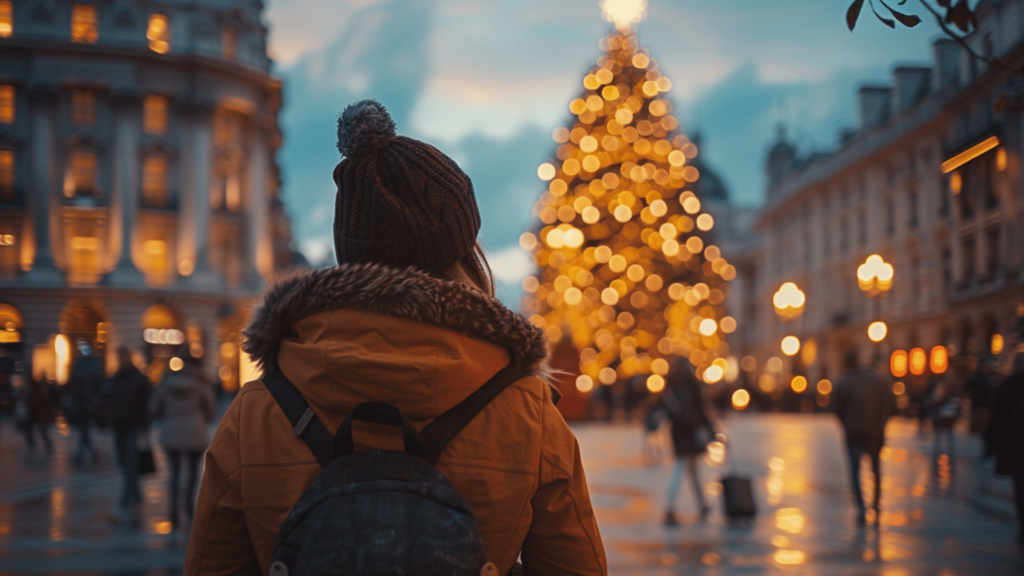A person from behind, wearing a winter hat and jacket, gazing at a large, illuminated Christmas tree in a city street setting at dusk.