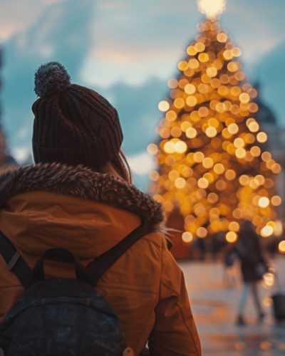 A person from behind, wearing a winter hat and jacket, gazing at a large, illuminated Christmas tree in a city street setting at dusk.