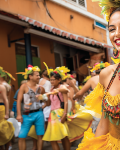 A radiant woman in yellow traditional attire celebrates with a crowd at a Brazilian Samba festival, embodying the joyful spirit of Brazilian culture.
