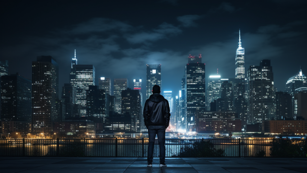 A solitary figure stands before the city lights of Manhattan, contemplating the nocturnal architectural design of the skyline.