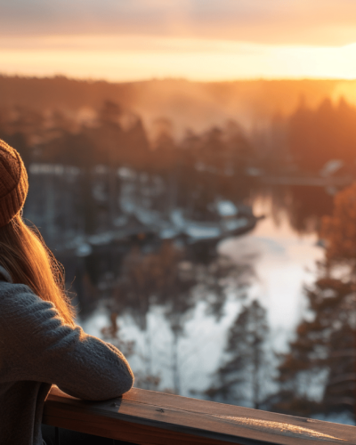 A woman enjoying the view from a treehouse