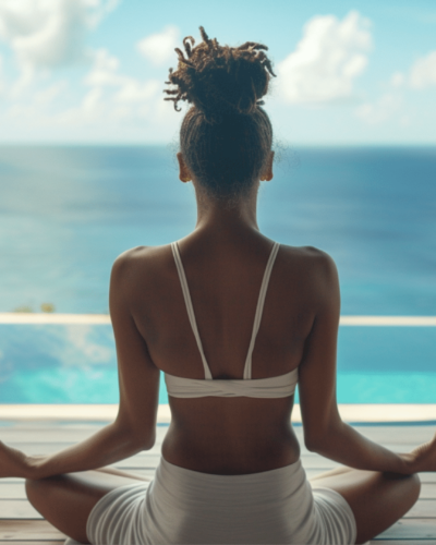 A woman meditating at a secluded beach getaway