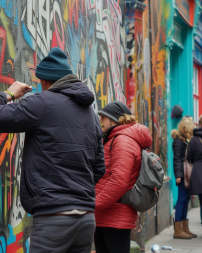 An artist paints a vibrant mural on a historic Dublin building, blending traditional Irish symbols with modern expressions, as intrigued passersby observe and capture the moment.