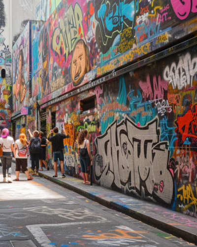 Dynamic scene of Hosier Lane in Melbourne’s street art, bustling with artists and visitors, surrounded by a kaleidoscope of graffiti and street art.