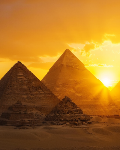Golden sunrise over the Giza Pyramids in Egypt, with awe-struck tourists in the foreground, capturing the magnificence of the ancient wonders.