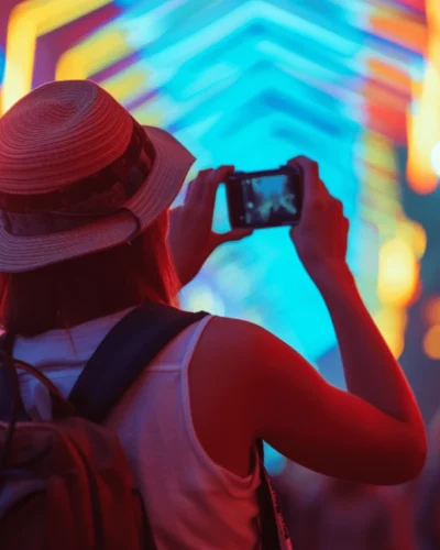 A female tourist taking photos at a multimedia festival