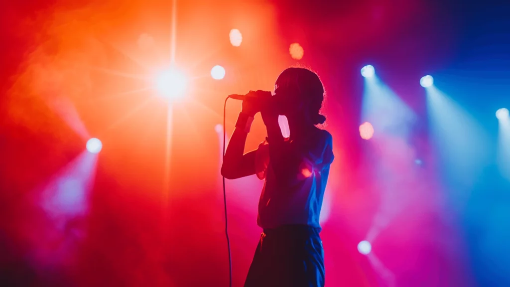 A performer onstage under bright lights