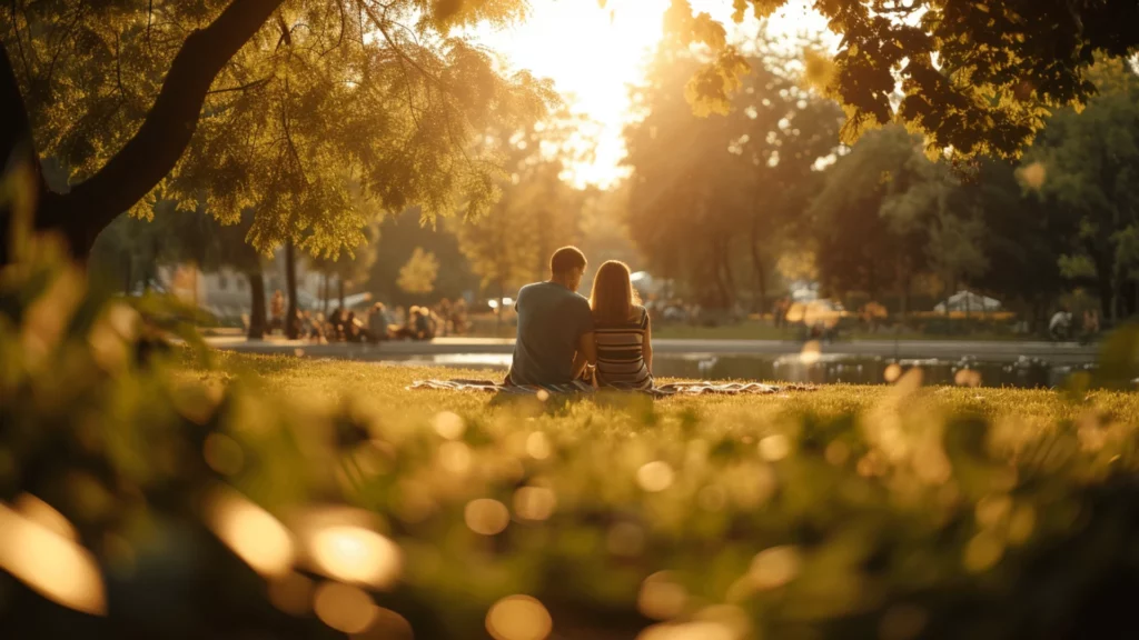 A couple sitting on the grass in a park