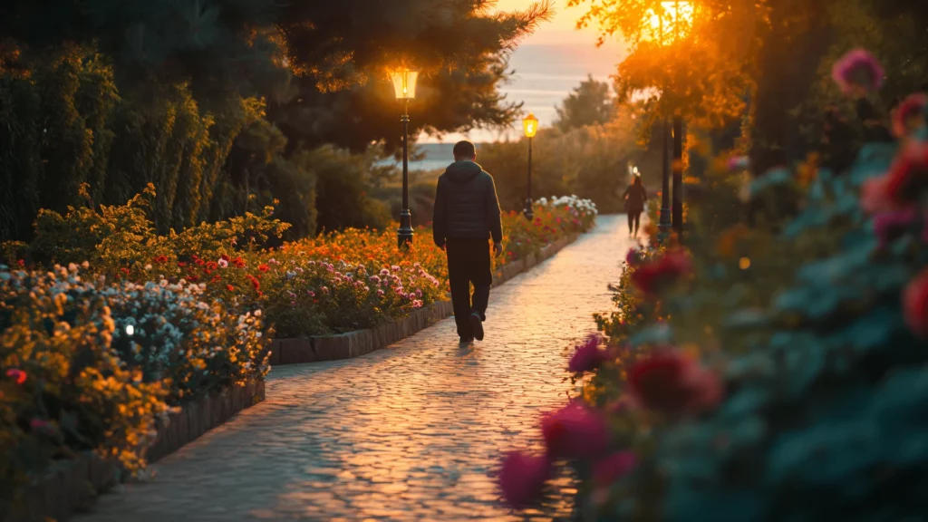 A man walking along the grounds of Sea Garden in Varna