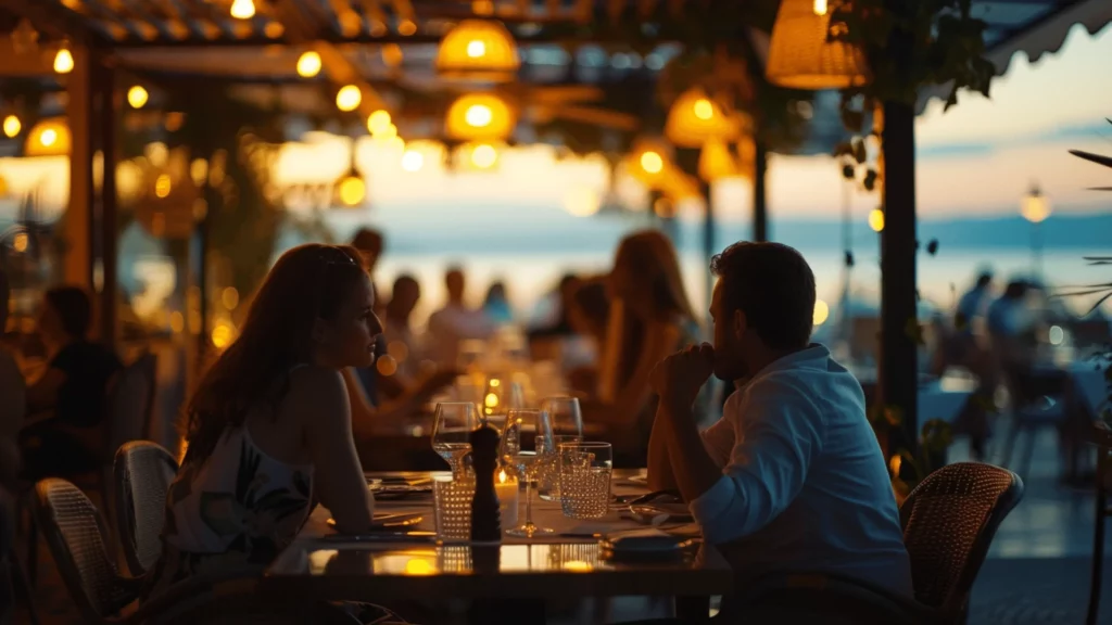 A man and a woman seated at a restaurant
