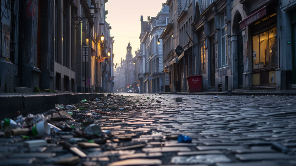 Contrast of historic Brussels beauty with litter-strewn cobblestone streets at dawn, highlighting urban cleanliness challenges.