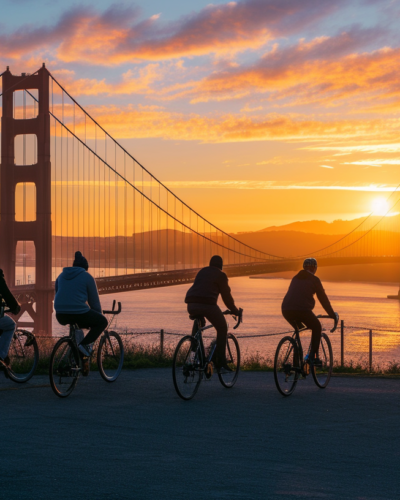 Early morning cyclists admiring the Golden Gate Bridge illuminated by sunrise, showcasing the iconic landmark's beauty and the active lifestyle of San Francisco residents.
