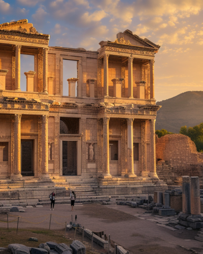 Early morning light bathes the Library of Celsus in Ephesus, highlighting the beauty of ancient architecture as visitors quietly engage with the site.