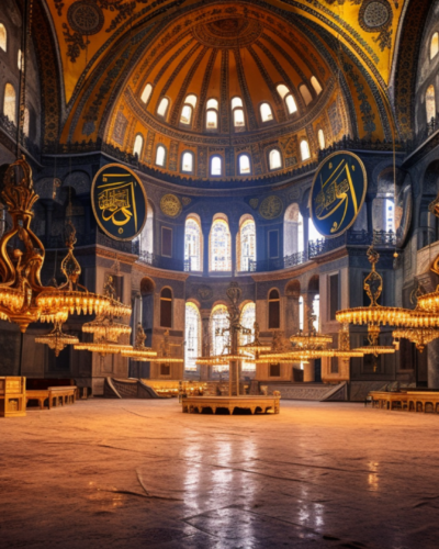 Interior of Hagia Sophia in Istanbul, Turkey, showcasing historic Byzantine architecture, inviting visitors to travel back in time.