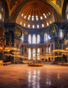 Interior of Hagia Sophia in Istanbul, Turkey, showcasing historic Byzantine architecture, inviting visitors to travel back in time.