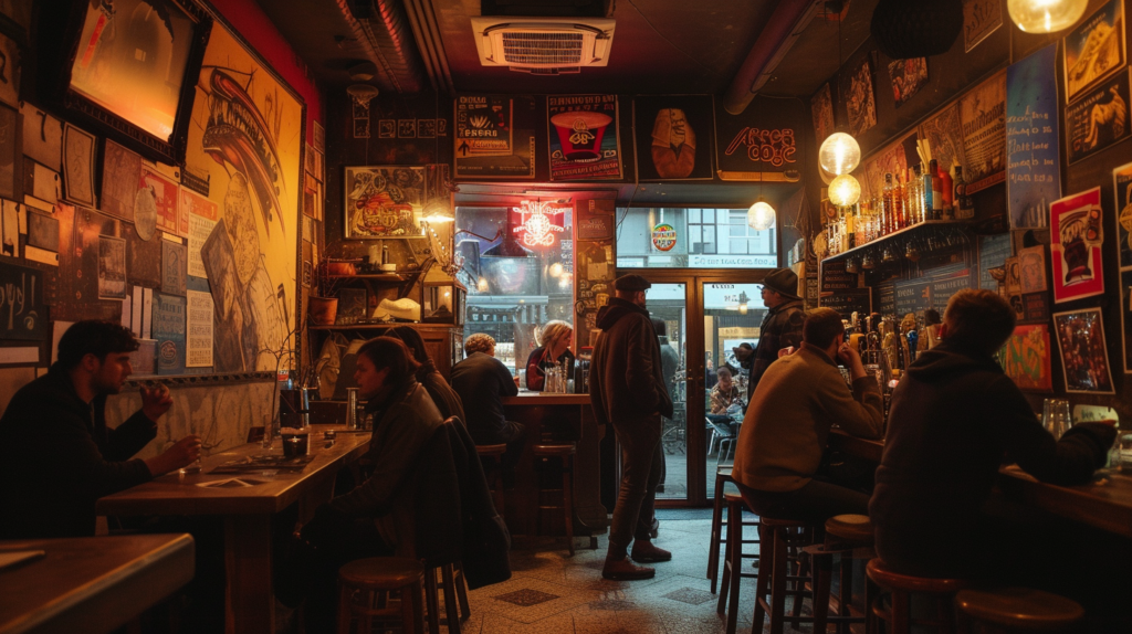 Patrons watching a playful brawl between staff in a Brussels bar, surrounded by surreal art and decor.