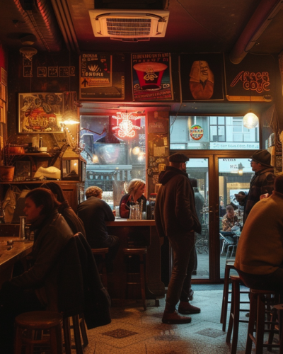 Patrons watching a playful brawl between staff in a Brussels bar, surrounded by surreal art and decor.