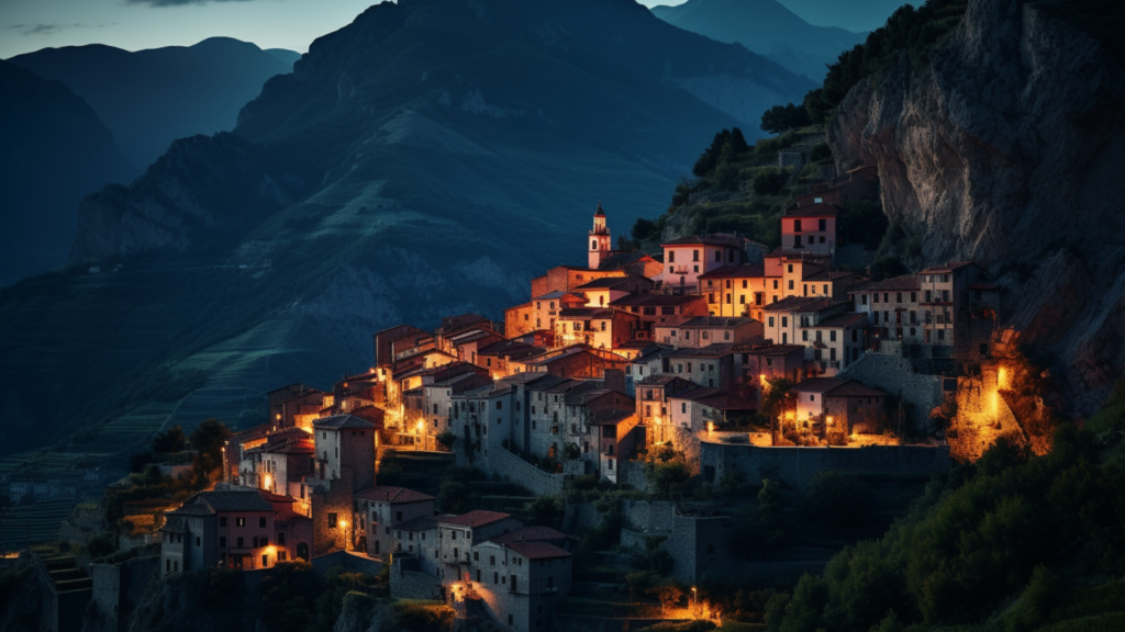 Pietrapertosa, Italy illuminated at dusk, showcasing the unique charm of one of Europe's hidden gems nestled in the Lucanian Dolomites.