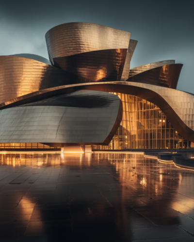 The futuristic architecture of the Guggenheim Museum Bilbao in Spain, showcasing innovative design under a moody sky.