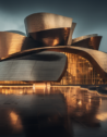 The futuristic architecture of the Guggenheim Museum Bilbao in Spain, showcasing innovative design under a moody sky.