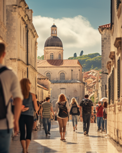 Tourists stroll down a sunlit street in Dubrovnik, with the city's famed historic cathedral rising in the background, encapsulating the essence of Croatia's historical cities.