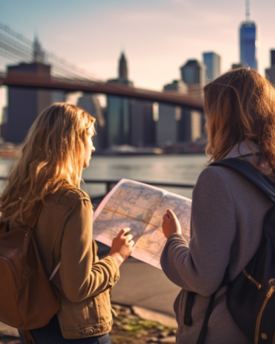 Two travelers consulting a map with the Brooklyn Bridge and Manhattan skyline in the background, in one of the most expensive cities to live in the USA.