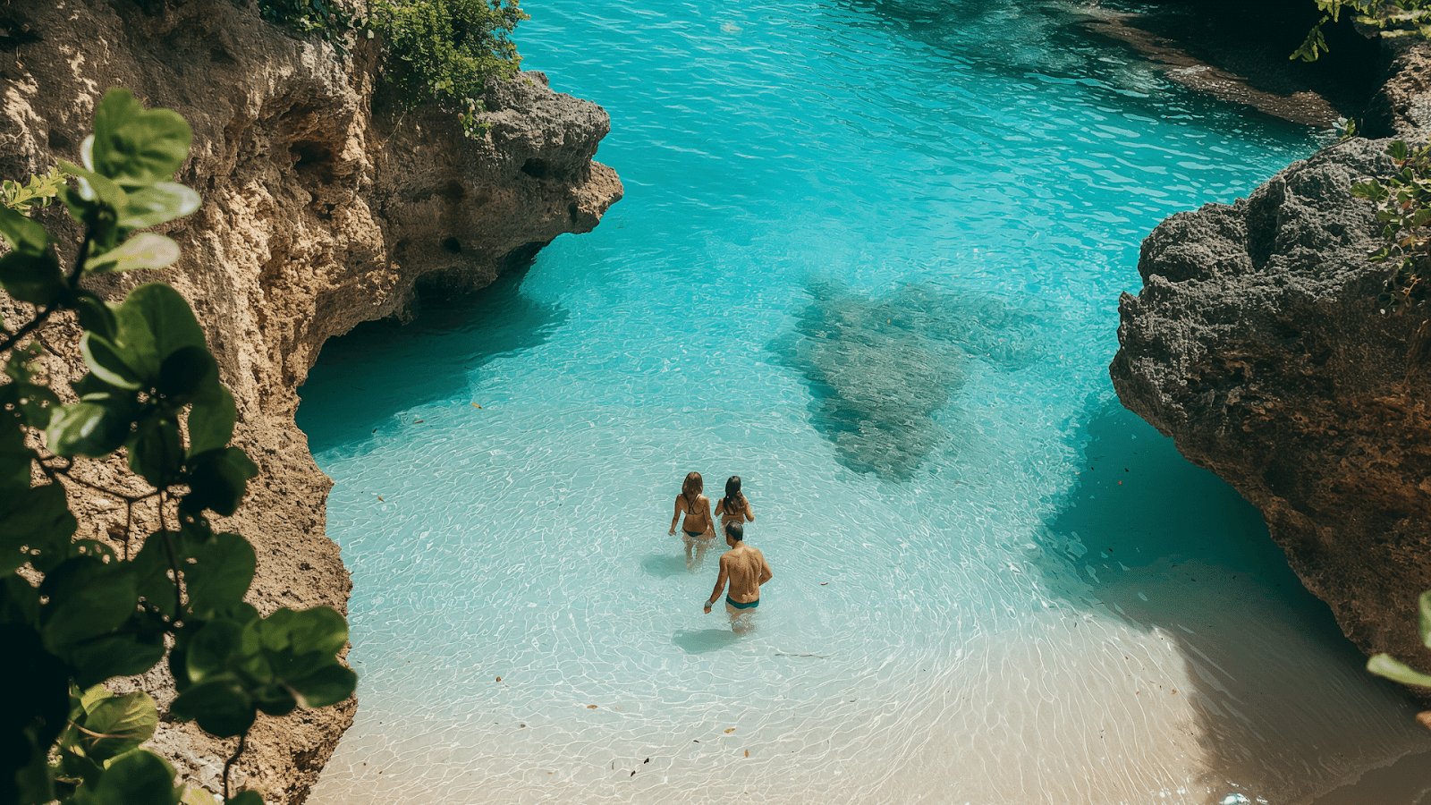 A family swimming at a secluded beach cove