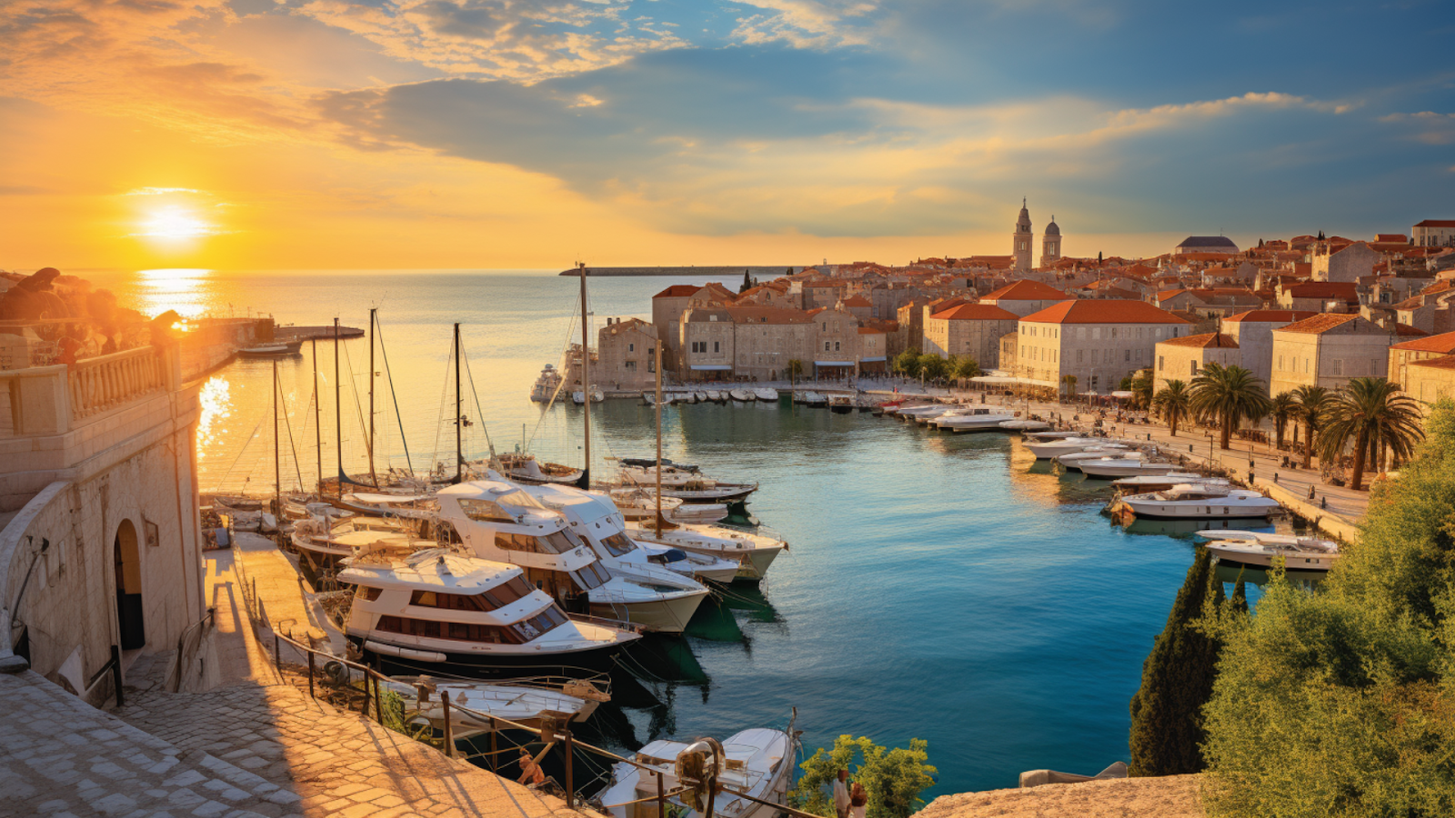 A breathtaking sunset view over the old town and marina of Split, illustrating the historic and picturesque seaside ambiance captured in many travel guides for Croatia.