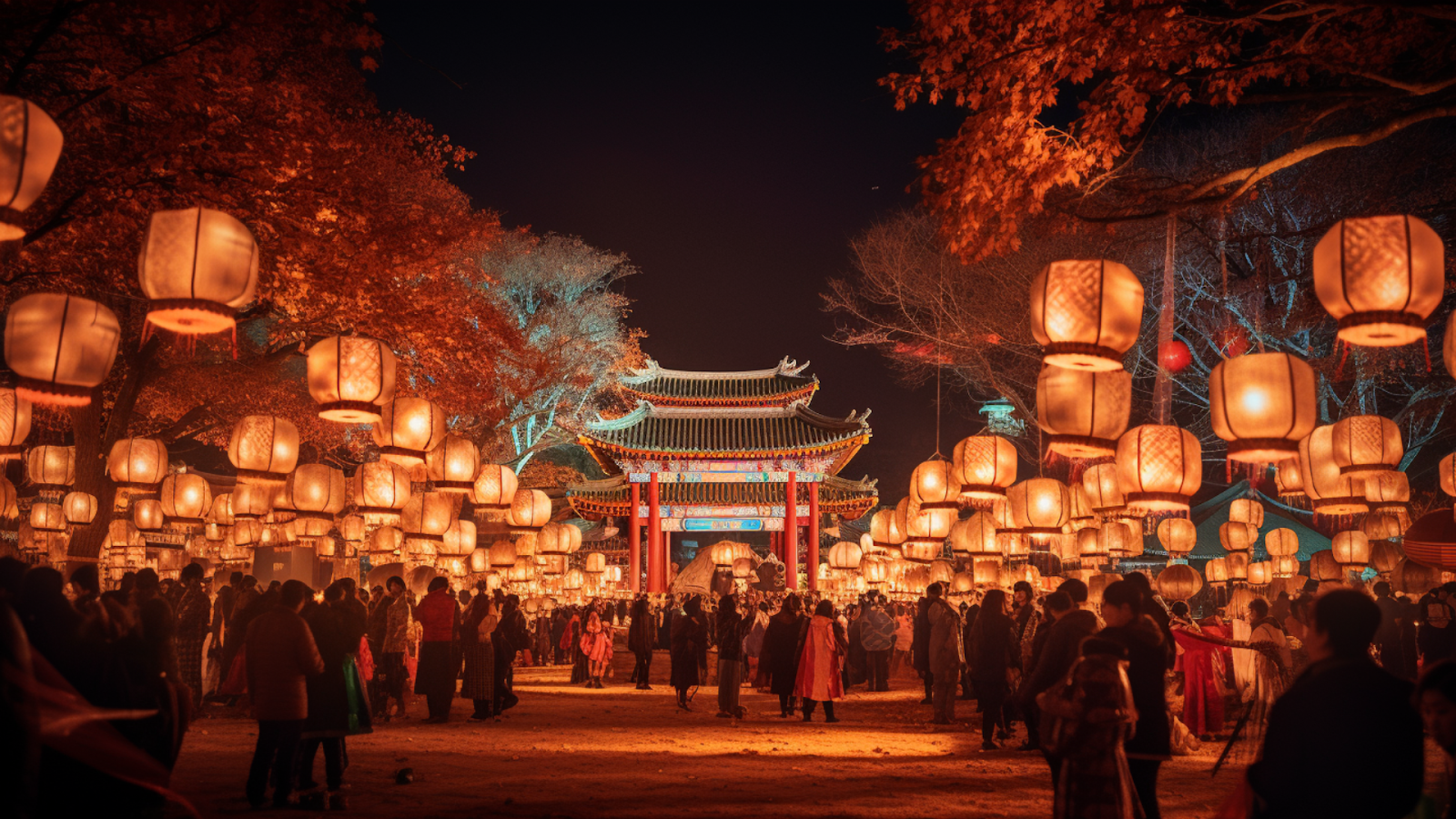 A traditional gate stands aglow at the Seoul Lantern Festival, surrounded by a sea of lanterns and festive attendees.