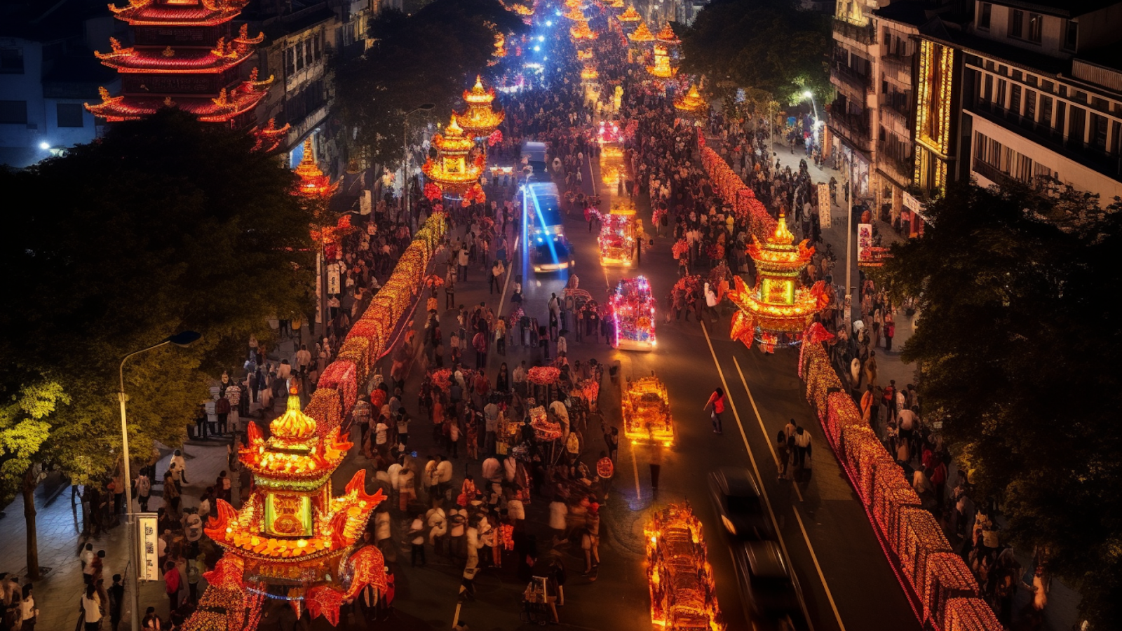 An aerial view of a vibrant lantern festival procession winding through the streets of a city, showcasing a traditional celebration.